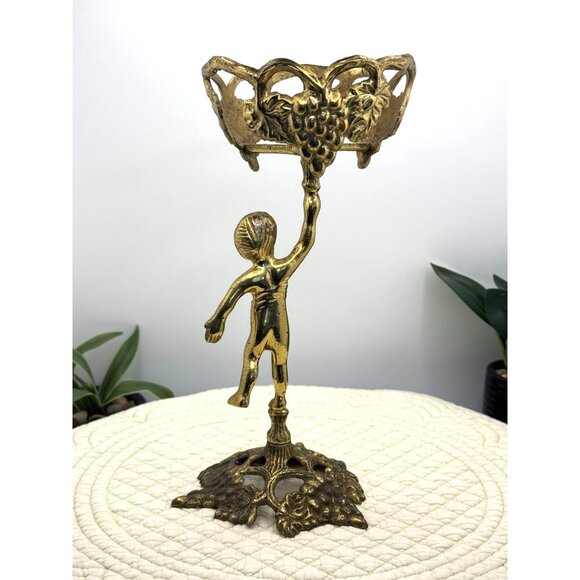 Vintage Gold Brass Cherub Candle Holder With Grapevine Design - Picture 2 of 15